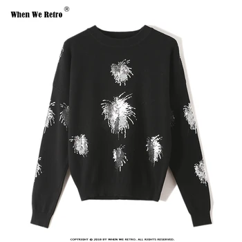 

When We Retro Fashion Embroidery Black Sweater Ladies Long Sleeve Women Knitting Sweater Solid Pullover Loose Sweater QY0693