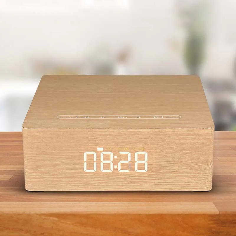 Wholesale Portable Wooden U-disk Reading AUX Play Wireless Bluetooth Loudspeaker with 4 Horns Alarm Clock Music Player