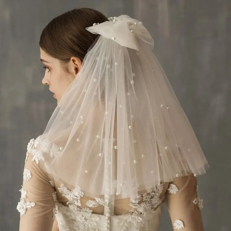 2 уровня, женская короткая свадебная вуаль с бантом, расческа, имитация жемчуга, расшитая бисером, Плиссированные Свадебные аксессуары для волос
