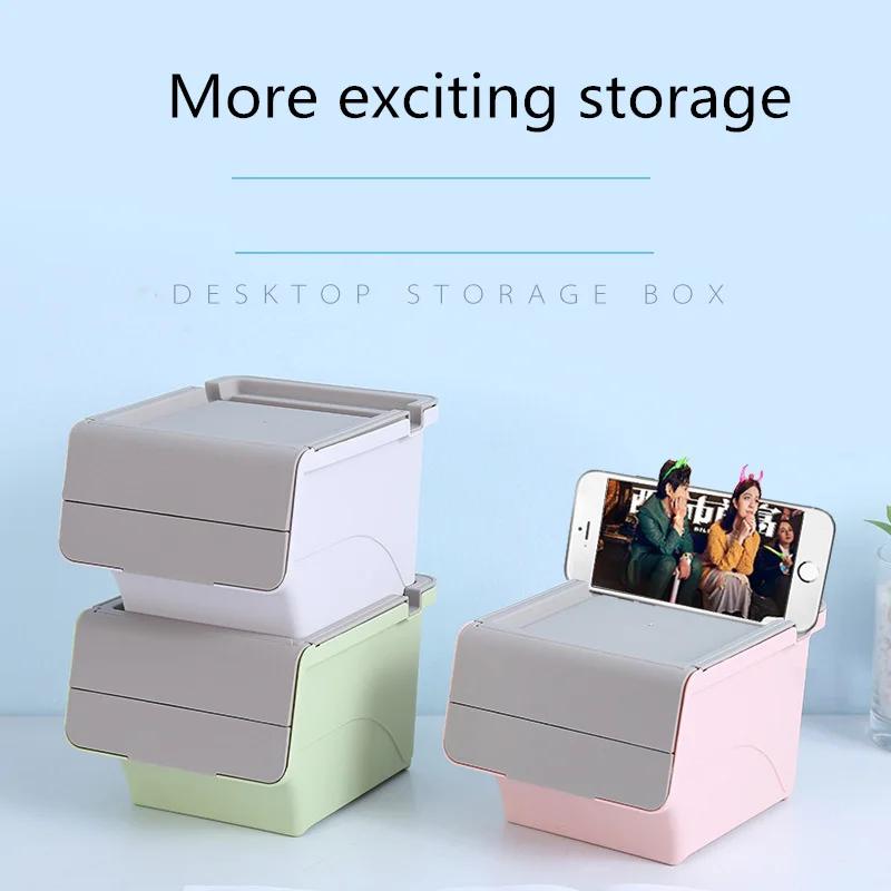 

Plastic Stationery Storage Box with Lid Desktop Stackable Sundries Organizer Multi Large Capacity Waste Bins Home Office Supplie