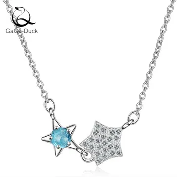 

New Fashion Jewelry Blue Gradient Artificial Crystal 925 Sterling Silver Personality Double Star Women Popular Necklaces N391