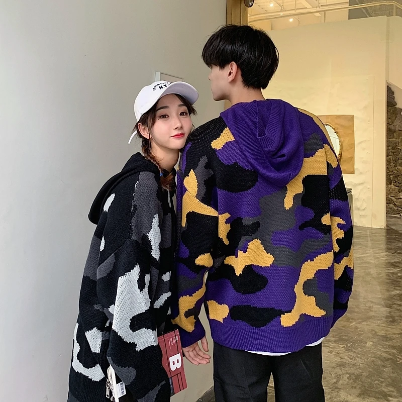 UYUK2019 Autumn New Loose Casual Fashion Trend Hooded Geometric Mosaic Contrast Color Knitted Couple Sweater Streetwear
