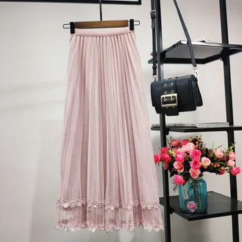 

Summer Women Mesh Skirt A-Line Pleated Skirts Women High Waist Floral Sweet Skirt Elegant Jupe Femme Saia Falda Mujer Streetwear
