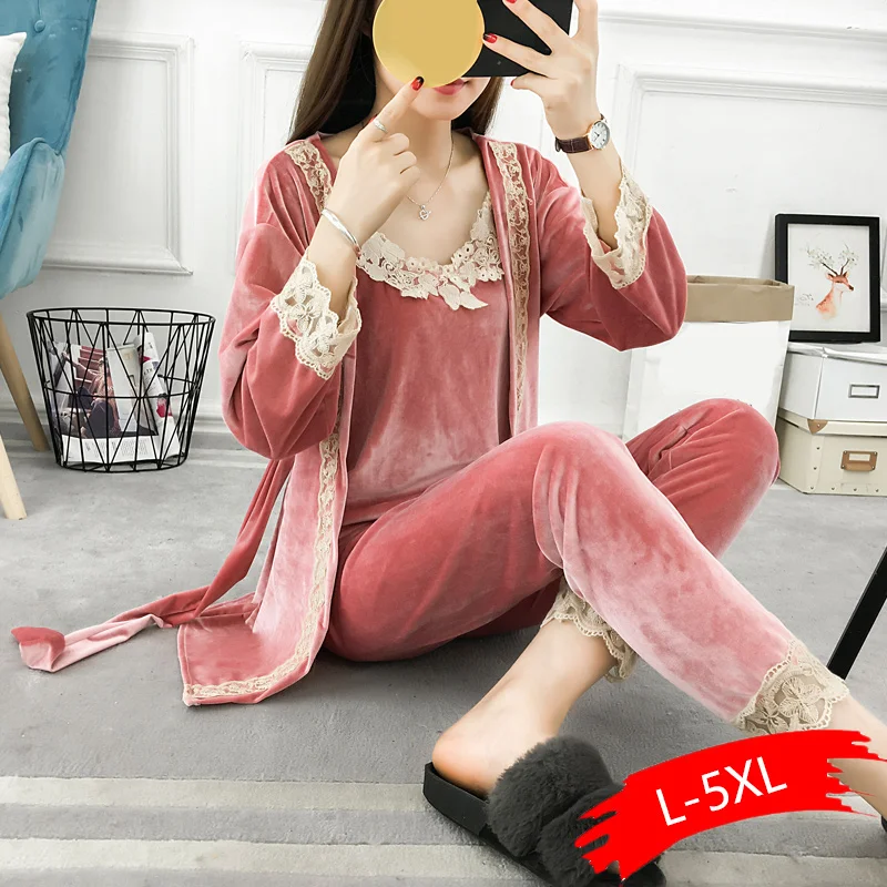 5XL осень-зима Женский 3 предмета пижамные комплекты бархатный, на шнуровке, лоскутный цветочный бархат высокое качество халат-ночная рубашка плюс Размеры
