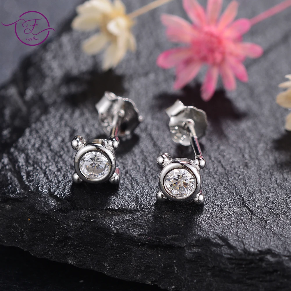 

925 Sterling Silver Earrings Round White Zircon Ear Studs for Women Simple Fashion Wedding Party Fine Jewelry