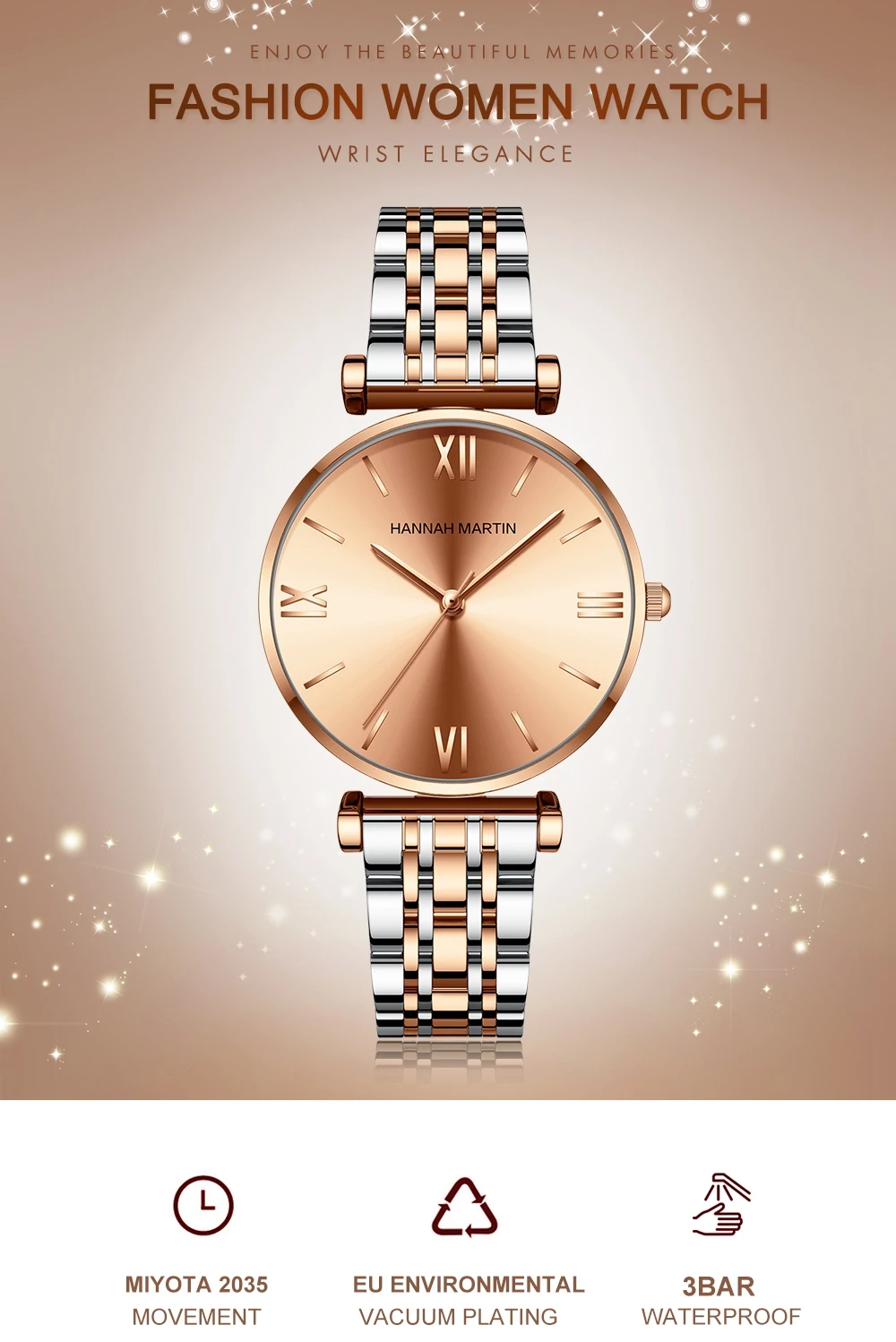 Simple Fashion Stainless Steel Women Watch Rose Gold Elegent Japan Movement Quartz Wristwatch Simple Round Dial Bracelet Watch