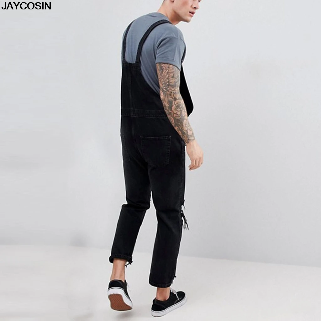KLV Fashion Men's Overall Casual Jumpsuit Jeans Wash Broken Pocket Trousers Suspender Pants Leisure Casual Breathable hot 9807