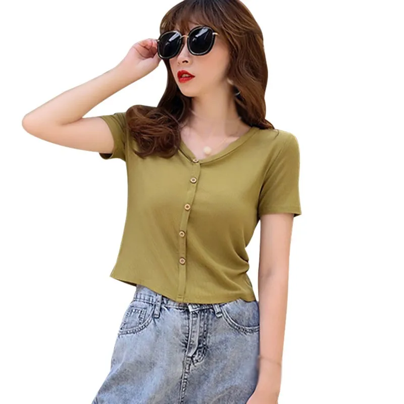 

2020 Korean t-Shirt Solid Color v-Neck Slim-Fit Tshirt Vetements Femmes Temperament All-Match Short-Sleeved Top One Size