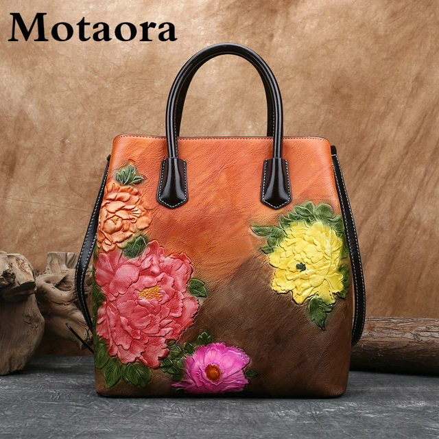 MOTAORA Retro Women Bag Vintage Bucket Shoulder Bags For Women 2022 New Handmade Embossed Leather Handbag Floral Tote Bag Female 2