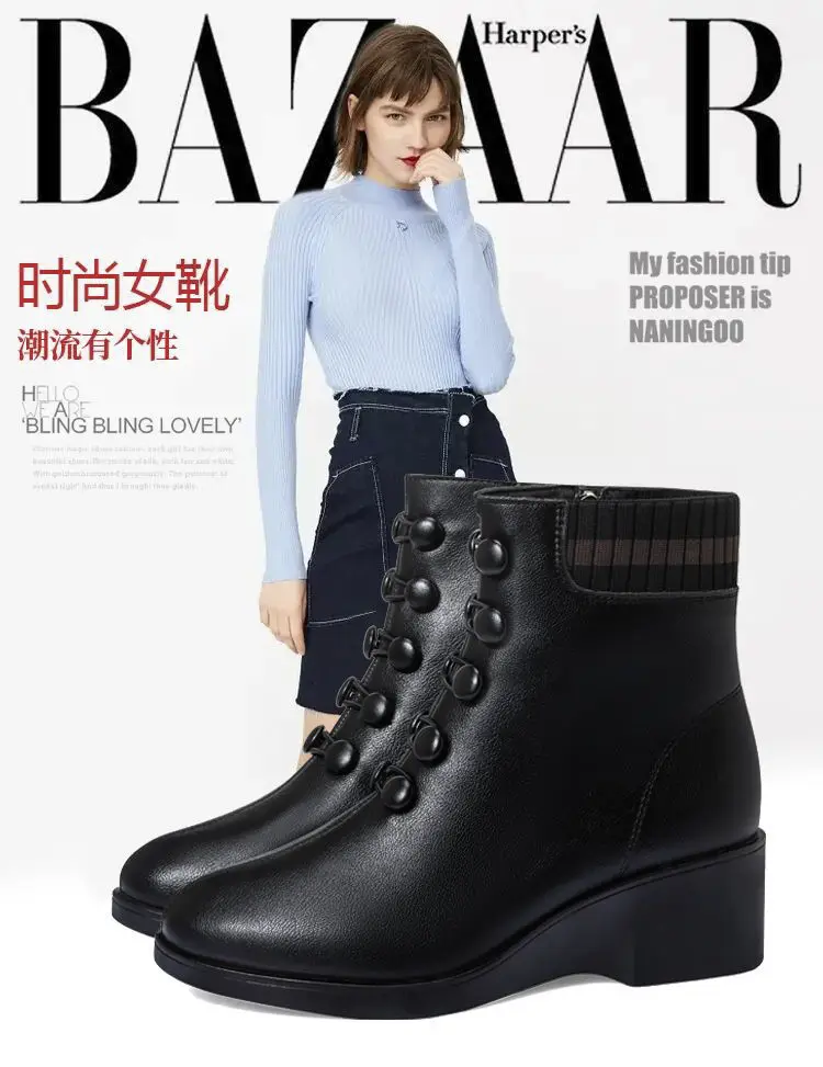 Knöpfe rote Keil Socken Stiefel für Frauen Winter Fell gefüttert Kunstleder Schuhe weibliche Stiefeletten Damen Stiefeletten Frau Plattform Stiefel – Detail 9