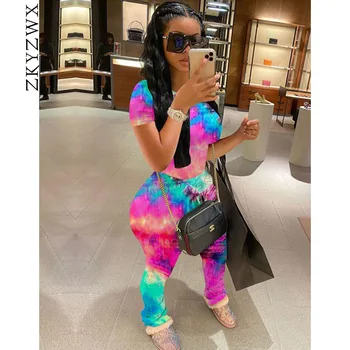 

ZKYZWX sexy Tie Dye 2 Piece Set Summer Outfits for Women Tracksuit Matching Sets Crop Top and Stacked Leggings Pants Sweat Suits