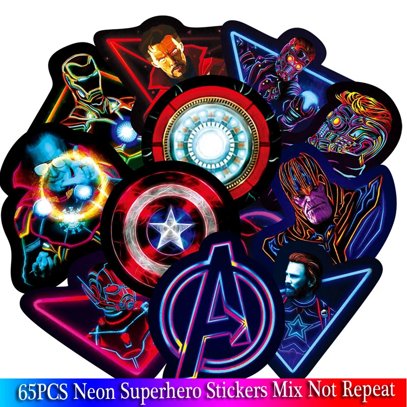 

65PCS Neon Super Hero Marvel Stickers Skateboard Motorcycle Luggage Stickers For Laptop Set Pvc Waterproof Sicker