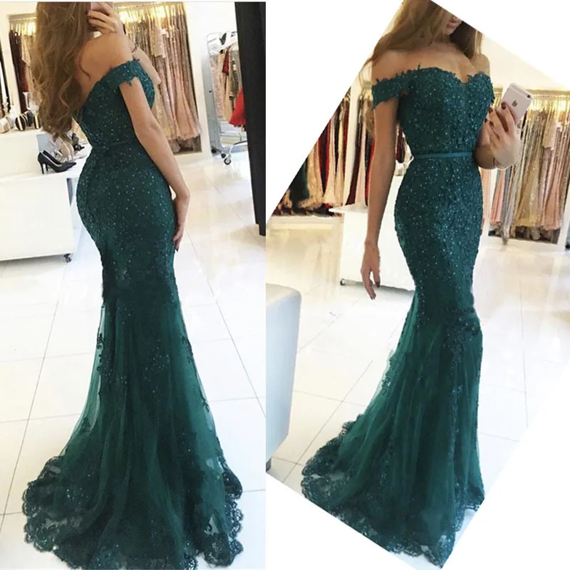 

Lace Appliques Mermaid Off Shoulder Evening Dresses 2020 Long Evening Gowns Beaded Formal Party Dress Green Red Burgundy