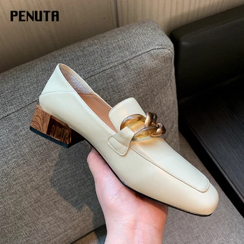 

2020 PENUTA Genuine Leather Med Heeled Shoes Women Fashion Chain Ladies Loafers Womens Pumps Heels European New Designer G0060