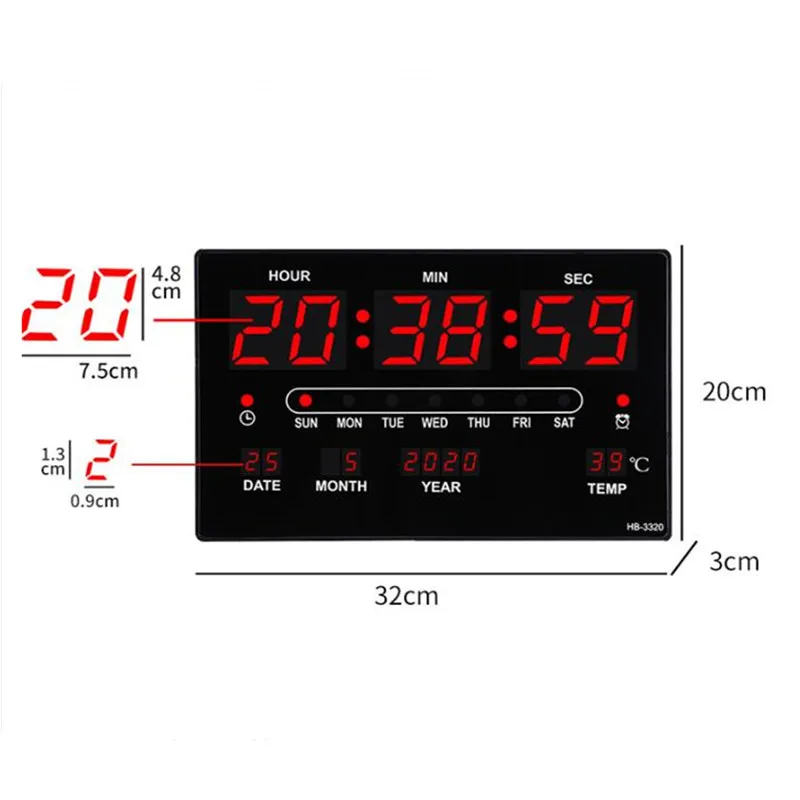 32x20x3CM Large Digital Wall Clock Alarm Hourly Chime Function Table Clock Calendar Temperature Electronic LED Clocks with Plug