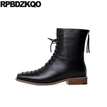 

Vintage Square Toe Genuine Leather New Shoes Flat Combat Fur Front Lace Up Casual Ankle Boots Autumn Short Fall Women Military
