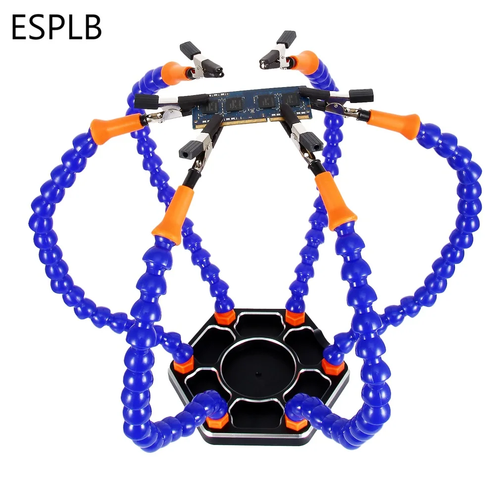 ESPLB Third Helping Hand Soldering Station 6pcs Flexible Arms 3X Magnifying USB Flashlight Magnifier Welding Repair Station soldering stand