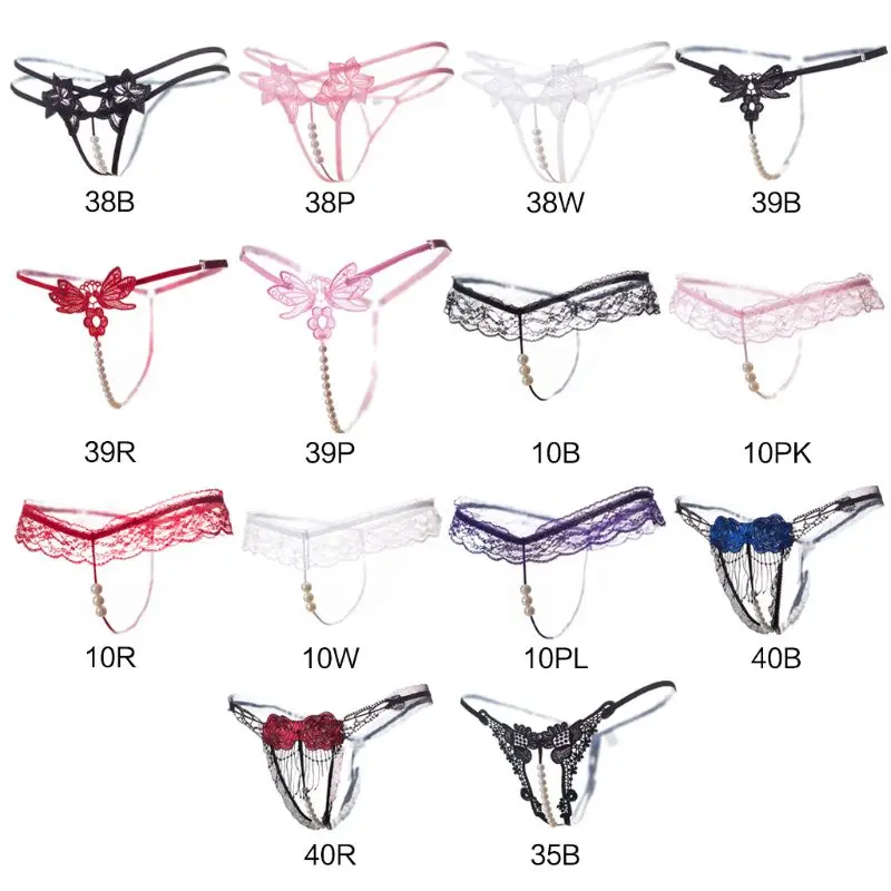 

Women Erotic Open Crotch Babydoll Lingerie Sheer Floral Lace Underwear Low Rise Imitation Pearl Thongs T-Back Bowknot G-String