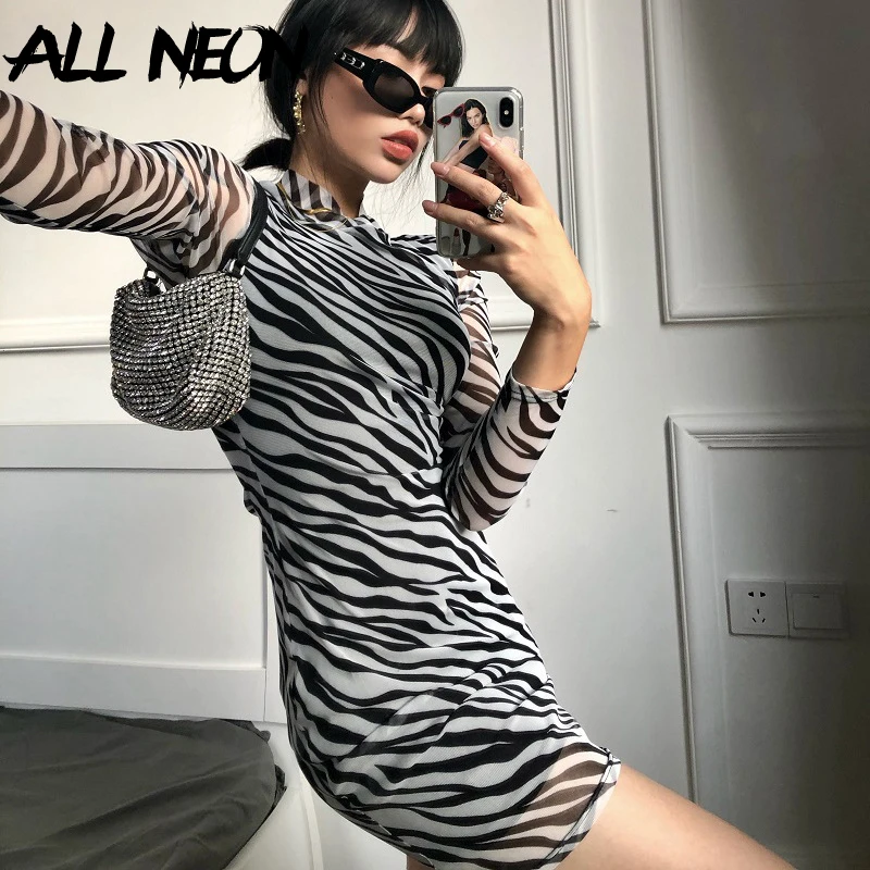 

ALLNeon Y2K Fashion Zebra Printing Transparents Double Layer Mesh Dresses E-girl Punk O-neck Long Sleeve Bodycon Mini Dress Club