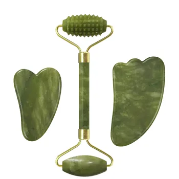 

Drop Shipping Face Massage Jade Roller Facial Massager Guasha Board Set 100% Natural Gouache Scraper Real Stone Jade Roller