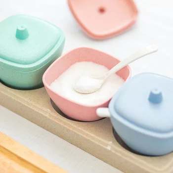 

Wheat Straw Seasoning Boxes with Spoon and Tray Creative Seasoning Container Kitchen Condiment Dispenser