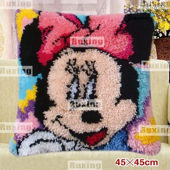 

Latch Hook Cushion Kits for Yarn Embroidery Pre-printed Color Canvas Cartoon Mouse Girl Car Pillows Home Decorative