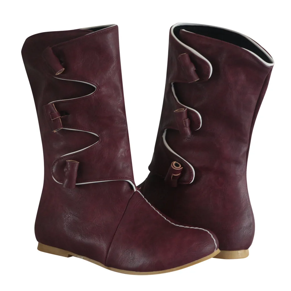 Womens Leather Flat Heel Round Head Boots Ankle Combat Shoes woman Western Comfy Low Heel Fashion Mid-calf Boots botas mujer
