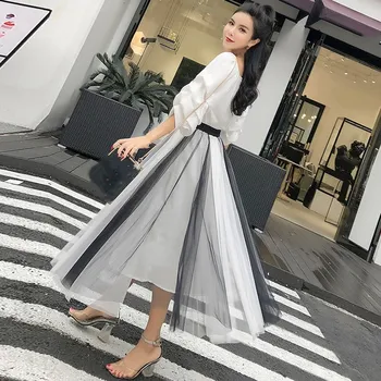

Women Slash Neck Blouse Tops High Waist Sashes Mesh Skirts Sets Casual Gauze Ankle Length Skirt 2Pcs Set