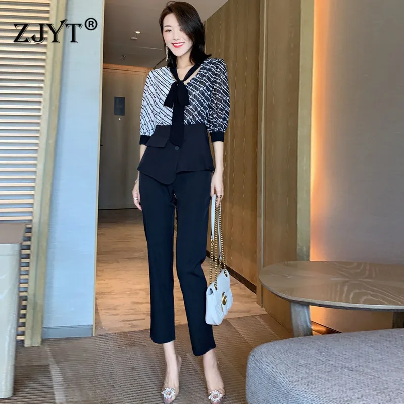 

Elegant Woman Pants and Blouse Set 2020 New Fashion Spring Office Lady Two Piece Outfits Bow Neck Print Top Pants Matching Set