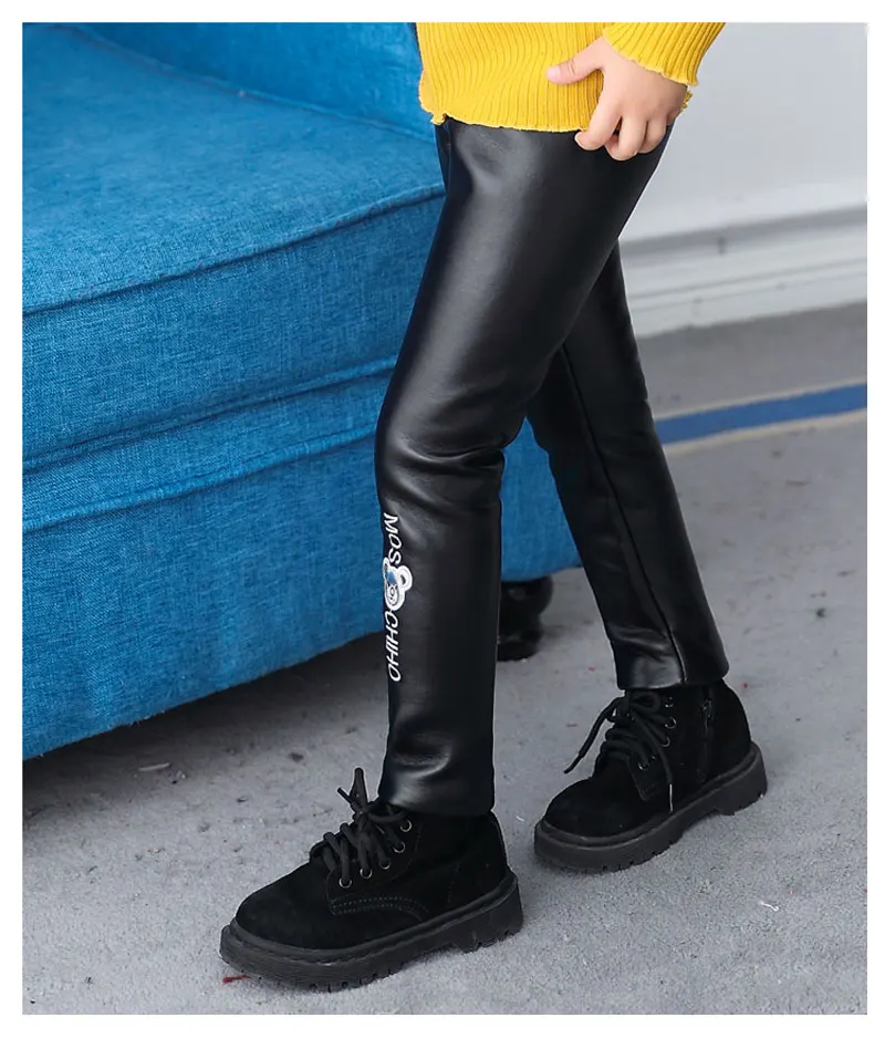 New Winter Girls Leggings Plus Velvet False PU Leather Girls Leggins Cartoon Pencil Pants Trouser