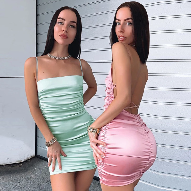 NewAsia Garden Backless Sexy Dress Women Summer Spaghetti Straps Slash Neck Bodyocn Dress Pink Ruched Dress Short Ropa Mujer