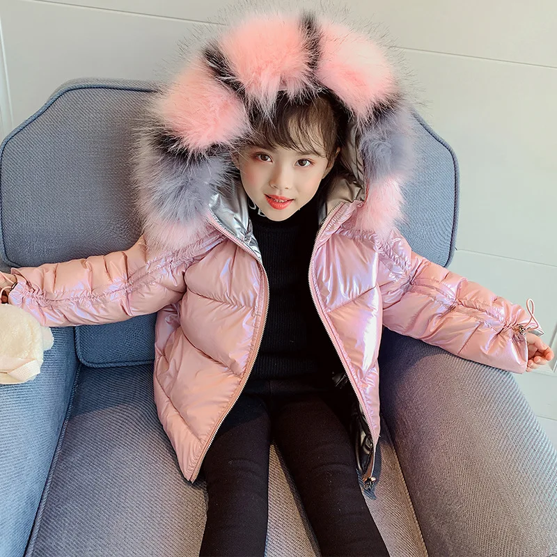 Розовые зимние пальто с меховым капюшоном для маленьких девочек; Теплая стеганая детская верхняя одежда; куртки; Двусторонняя одежда для детей; плотное пальто