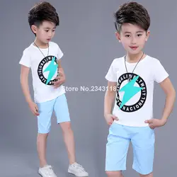 Модный комплект летней одежды для больших мальчиков, комплект из 2 предметов, хлопковая Футболка с молнией и штаны, повседневные спортивные