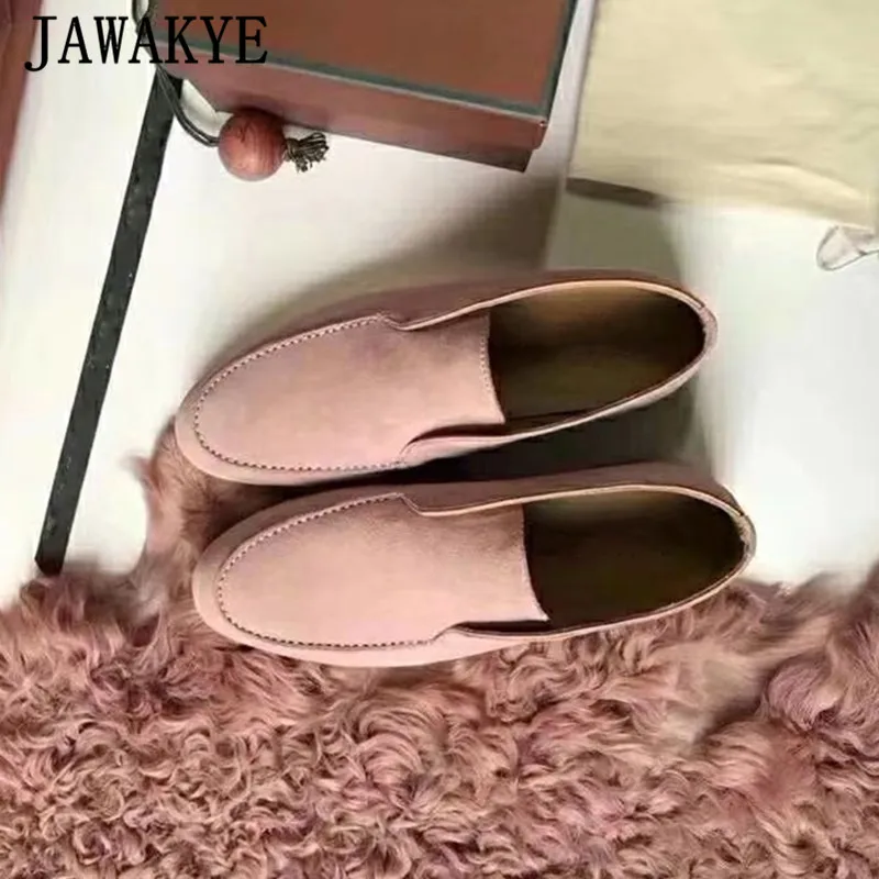 pink Лидер продаж; женские замшевые туфли; удобные туфли из натуральной кожи на плоской подошве; женские туфли для подиума с круглым носком; Мокасины без застежки - Цвет: pink