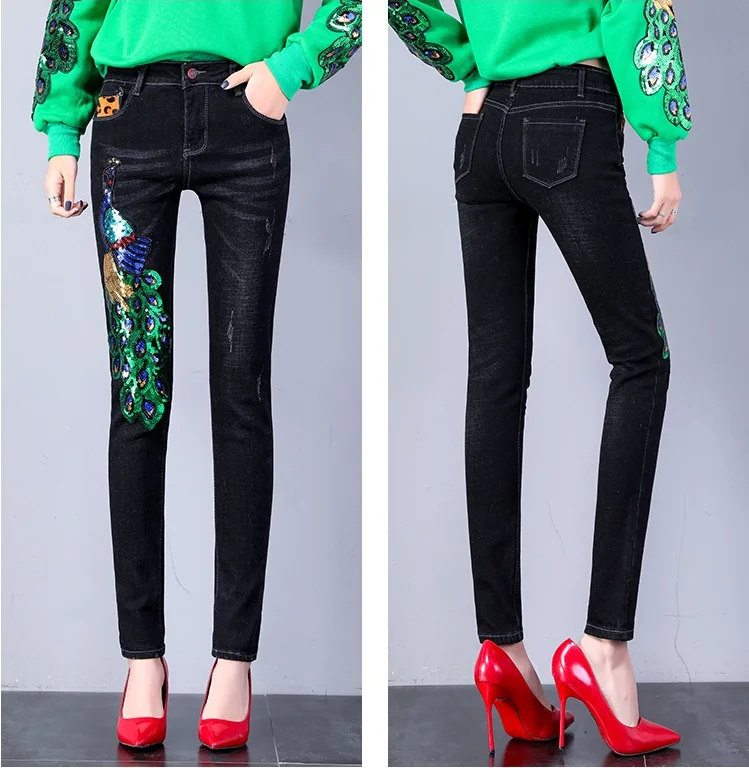 Fashion Jeans Women Autumn Winter Stretch Jeans Women's Red Wing Sequined Jeans Gold Stamped Slim Plus Velvet Warm Denim Pants
