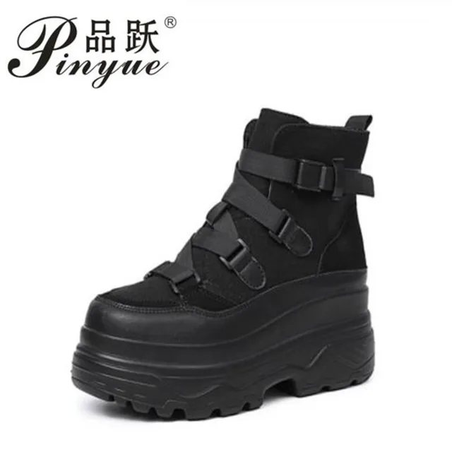 US $23.78 2019 Autumn Women Ankle Boots High Top Sneakers Slip on Platform Motorcycle Boots Winter Warm 7CM W