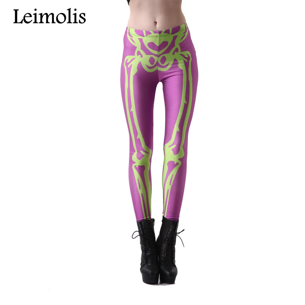 Leimolis 3D printed fitness push up workout leggings women gothic 5 X ray Skeleton plus size High Waist punk rock pants