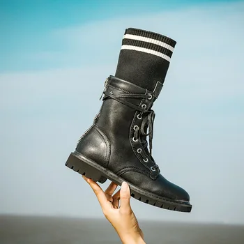 

2019 New Fashion Women's 100% Cowhide Leather Boots Long Warm Cotton Shoe Winter Ladies Solid Color Boots