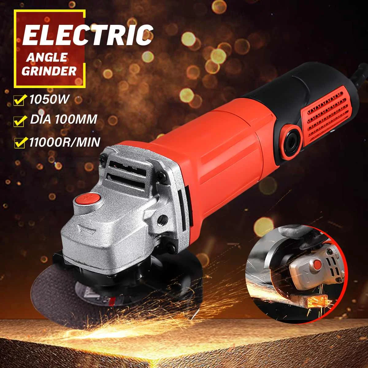 

220V 1600W Electric Angle Grinder Anti-Slip Polishing Polisher Grinding Metal Stone Wood Cutting Woodworking Grinder Power Tool