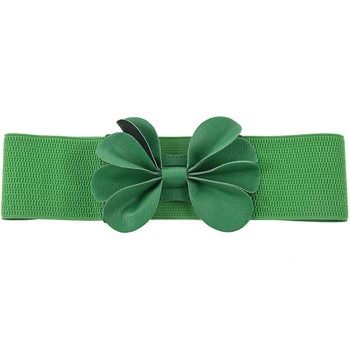 

Green Faux Leather Flower 7.5cm Wide Elastic Cinch Belt for Woman