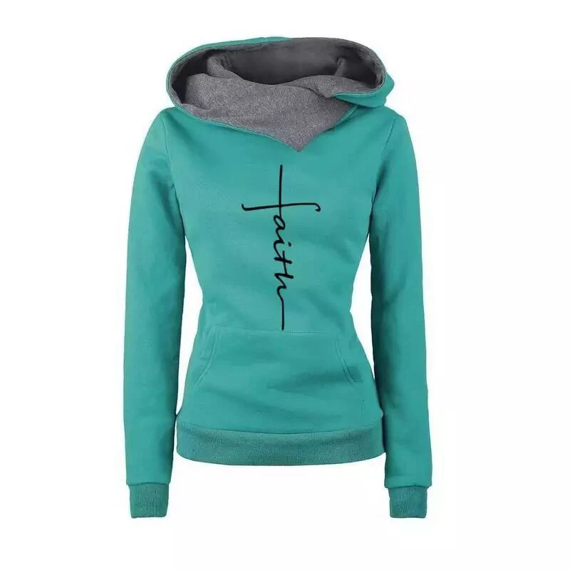 Autumn Winter Hoodies Sweatshirts Women Faith Embroidered Sweatshirts Long Sleeve Pullovers Christm