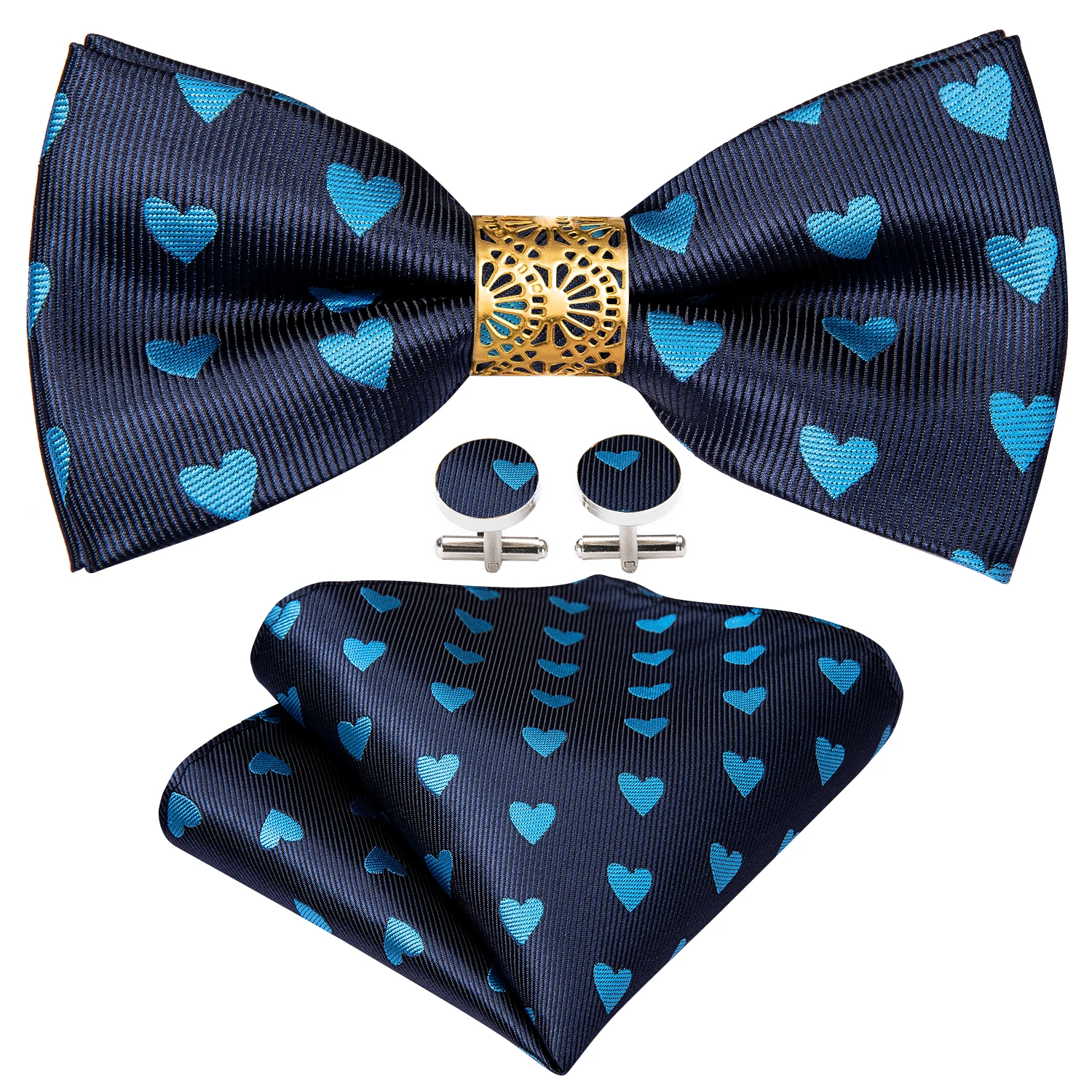 

Fashion Blue Heart Silk Pre-Bow Tie For Men Wedding Accessorie Adjustable Butterfly Handky Removable Gold Ring Set Barry.Wang