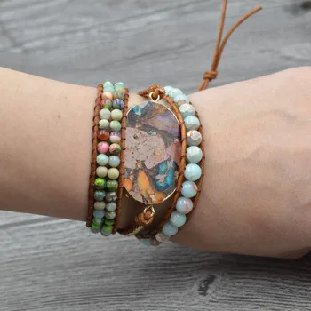 

JoursNeige Boho Bracelets Ocean Natural Stone Color Crystal Retro Leather Wrap Bracelets Handmade Bohemian Bracelets Jewelry