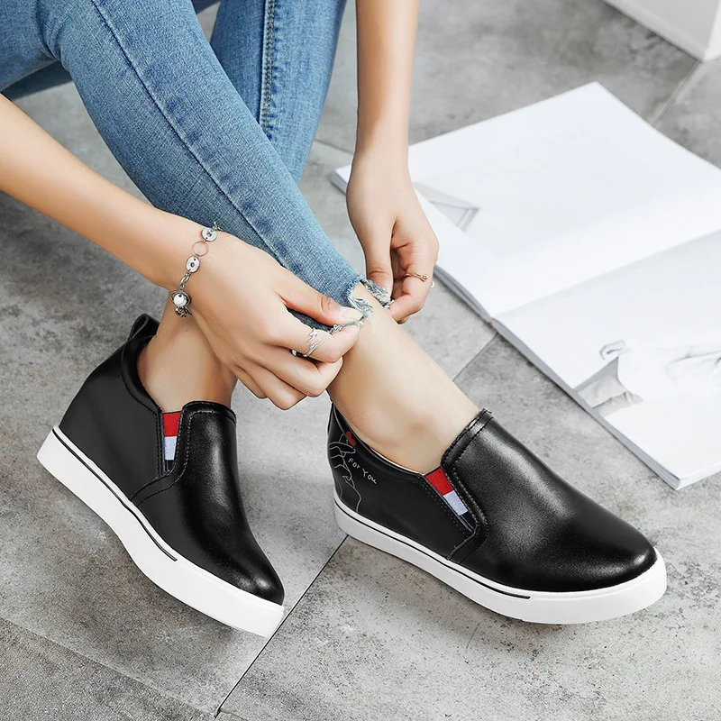 Loafers brand korean Increase within white shoes slip on elastic band flats leisure simple femme moccasins soft leather footwear