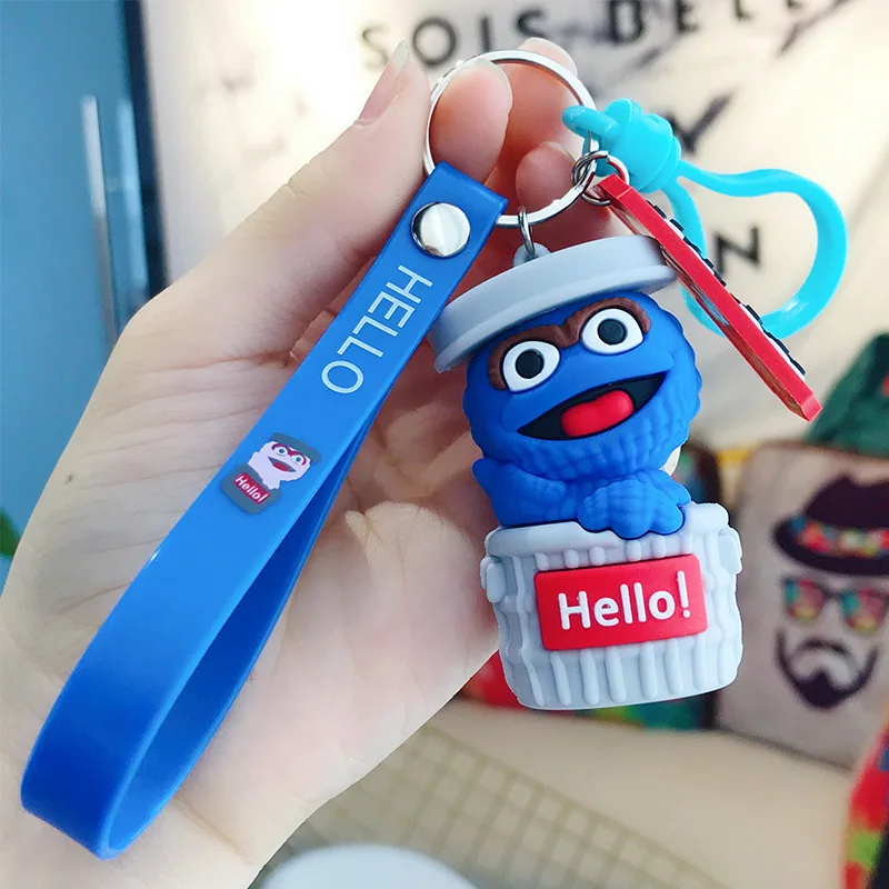 Fashion trends Sesame street cup Keychain Cartoon silicone leather key chain women Bag Pendant Figure Toys for kids gift