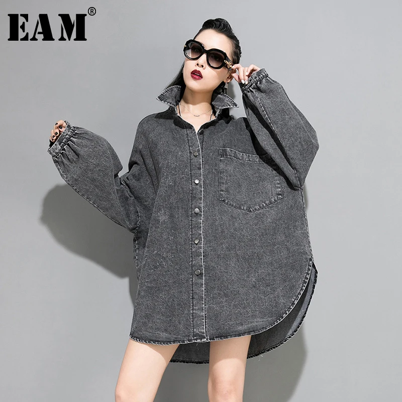 

[EAM] Loose Fit Split Big Size Oversized Denim Jacket New Lapel Long Sleeve Women Coat Fashion Tide Spring Autumn 2020 1A318