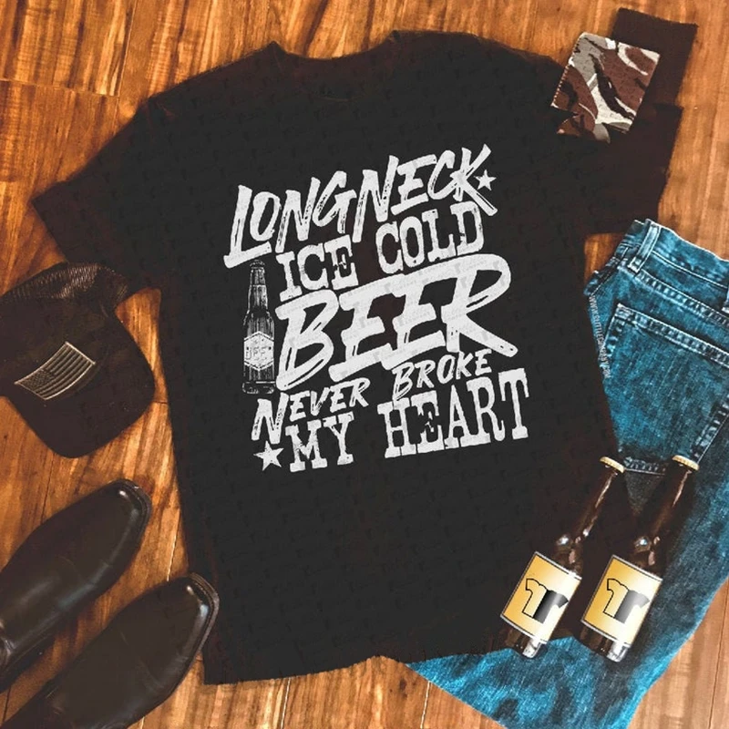 

Harajuku Longneck Ice Cold Beer Never Broke My Heart Men's Shirt Country Festival Oversized T Shirt