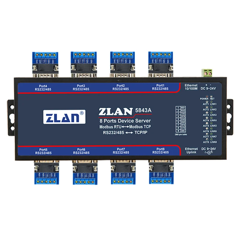 ZLAN5843A 8-портовый RS232 RS485 к Ethernet преобразователю нескольких последовательных