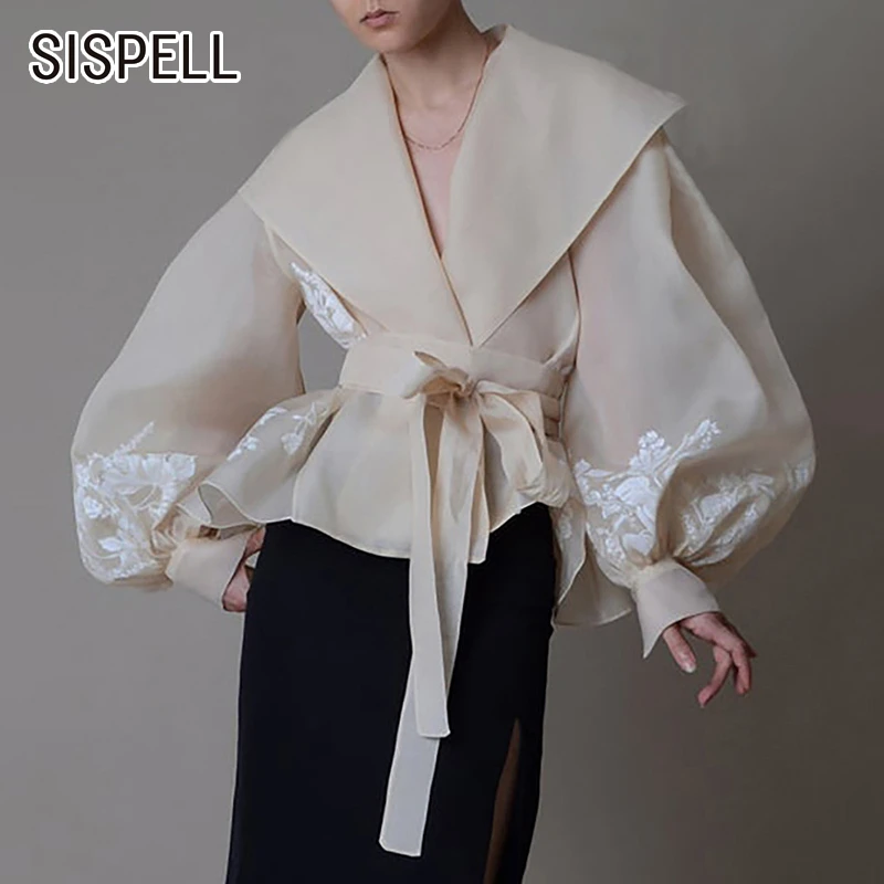 Shirts Sispell-Lantern-Sleeve Female Blouse Embroidery Lace-Up Slim Womens Vintage 