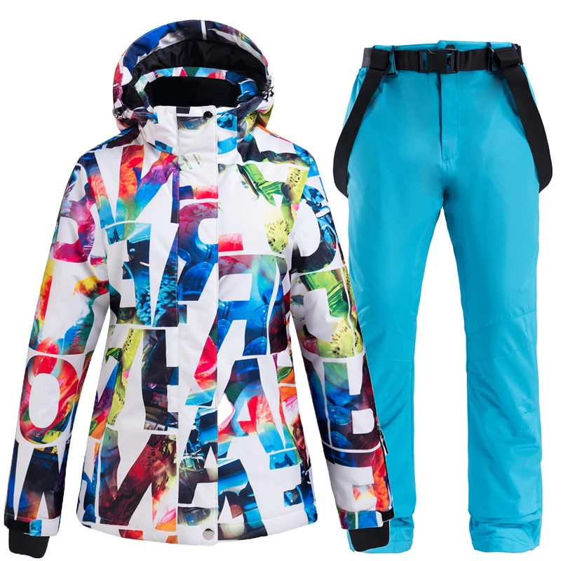 Сноуборд костюм с буквенным принтом ветронепронимаемая куртка с однотонным цветом сноуборд ветрозащитные водонепроницаемые брюки дышащие женские зимние комплекты - Цвет: picture jacket pant